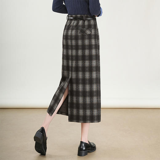 QYM 95837-Y格子直筒半身裙高腰开衩一步裙包臀裙 商品图2
