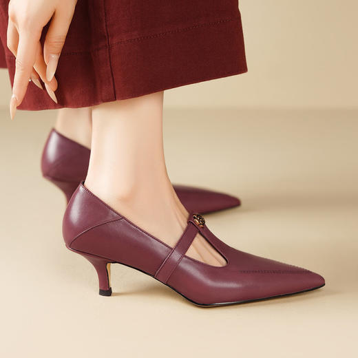 【预售5天】里外全皮！法式丁字带中口细跟单鞋女秋新款尖头显瘦小高跟鞋HY&M1211-1 商品图2