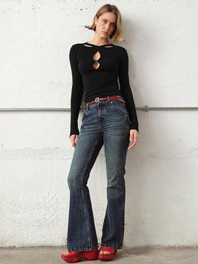 TR她热 暗黑陷阱 黑色弹力性感镂空设计感欧美修身打底衫