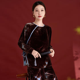 QS真丝丝绒烧花上衣女高级极简扎染秋季百搭显瘦圆领桑蚕丝长袖1807