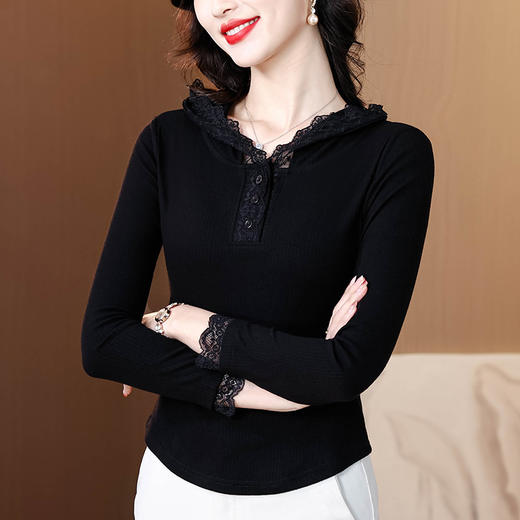 KQL 355H8166蕾丝拼接连帽长袖T恤洋气修身显瘦上衣 商品图2