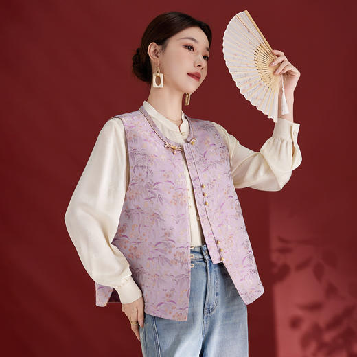 QS新中式个性提花盘扣桑蚕丝马甲女装显瘦遮肉2025秋季新款气质1321 商品图1