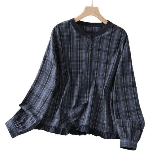 GYH 897休闲简约格子衬衫宽松休闲圆领木耳边上衣 商品图4