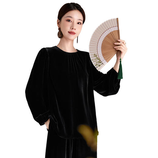 QS真丝丝绒提花重工秋冬轻奢6A桑蚕丝纯色气质休闲上衣1239 商品图4