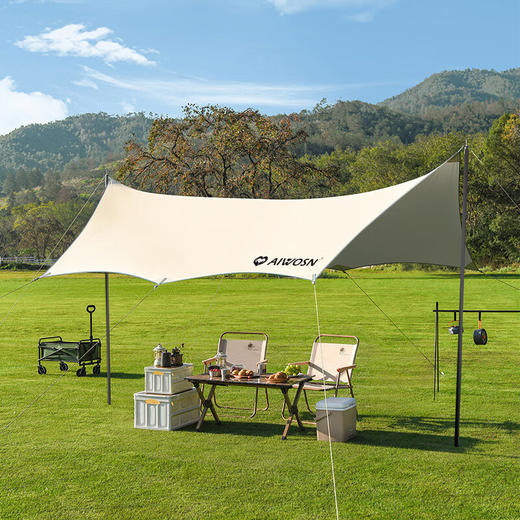 爱吾生六翼蝶形天幕户外银胶天幕帐篷露营野营防晒防雨遮阳棚装备 卡其色 商品图0