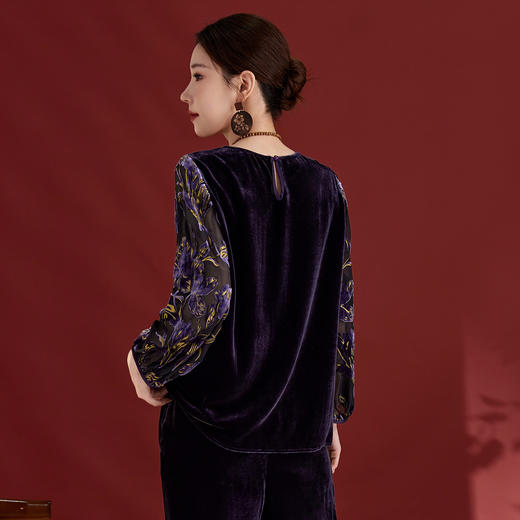 QS2025秋冬长袖国风印花拼接真丝丝绒复古上衣圆领气质时尚新款1331 商品图3