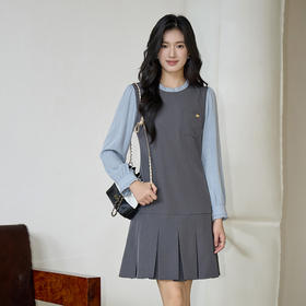 奢姿大码女装2025秋季胖妹妹时尚撞色设计气质花边装饰圆领连衣裙9953894273