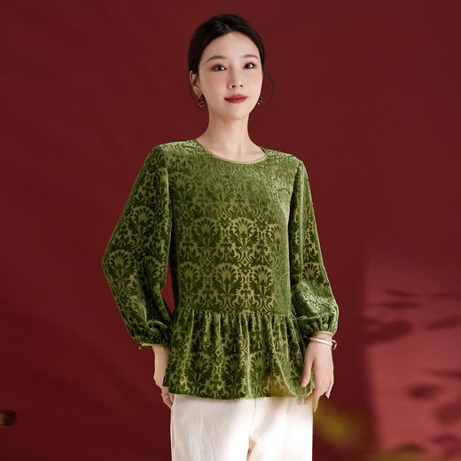 QS真丝丝绒女上衣年轻减龄款国风拼接印花长袖圆领款女上衣T恤1307 商品图1