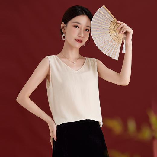 QS黑色丝绒吊带背心女内搭露肩100%桑蚕丝纯色无袖舒适透气百搭1793 商品图0