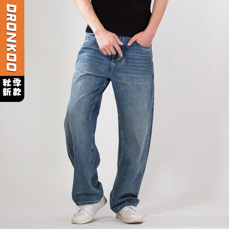 DRONKOO 2025 半松紧腰表袋铜色钉扣中厚牛仔长裤
