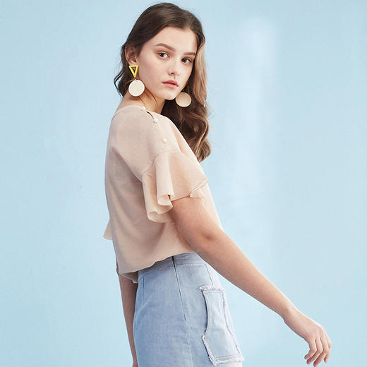 欧芮儿2019夏装新款女装显瘦套头小清新上衣荷叶袖小衫女短袖 商品图1