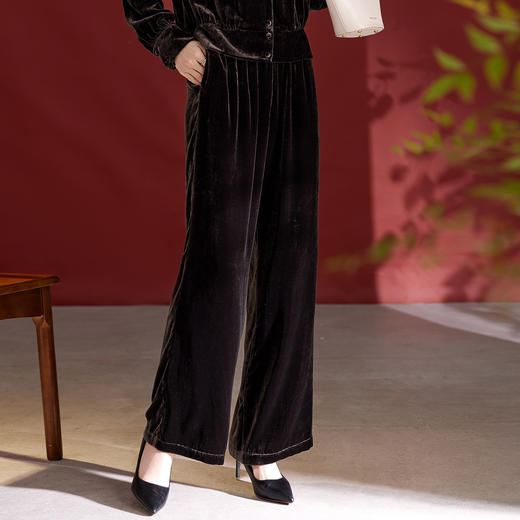 QS秋冬新款真丝丝绒阔腿裤女高腰垂感显瘦大码桑蚕丝直筒休闲裤1773 商品图1