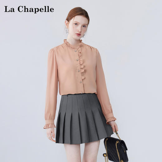 会员福利【顺滑/垂坠】拉夏贝尔/La Chapelle法式温柔甜美设计感小众木耳边门襟长袖衬衫女气质衬衣秋 商品图0