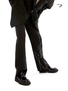 TIWILLTANG启世录ANEW 时装原创金属点穴位线迹刺绣长裤 black