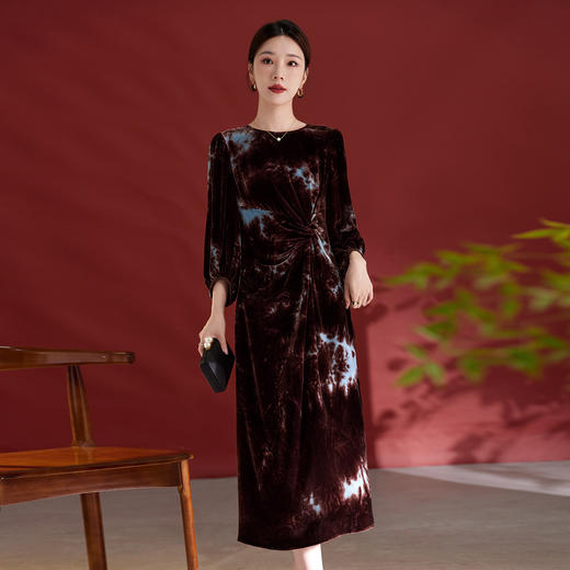 QS法式拼色晕染花卉真丝丝绒连衣裙女秋季新款优雅轻奢中长裙女1373 商品图1