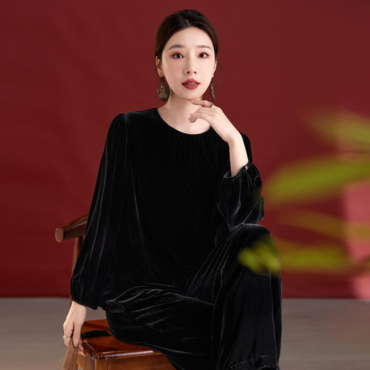 QS真丝丝绒提花重工秋冬轻奢6A桑蚕丝纯色气质休闲上衣1239 商品图2