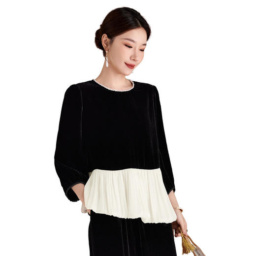 QS原创秋季女士时尚百搭真丝丝绒圆领下摆拼接长袖上衣1381 商品图4