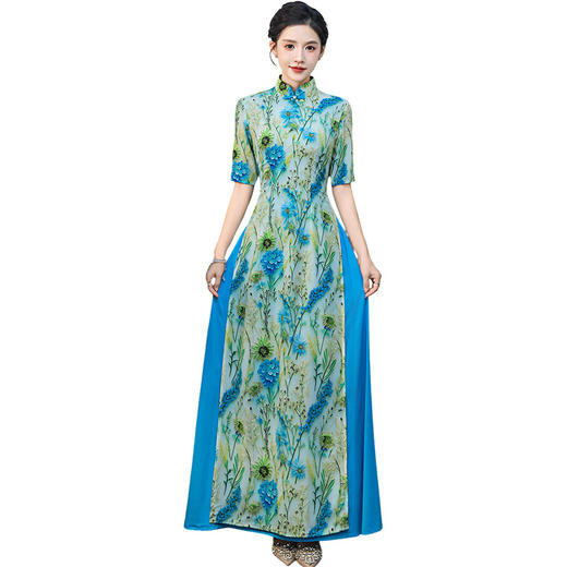 新款奥黛长旗袍改良版高级优雅走秀节目演出服显瘦大码连衣裙 商品图4