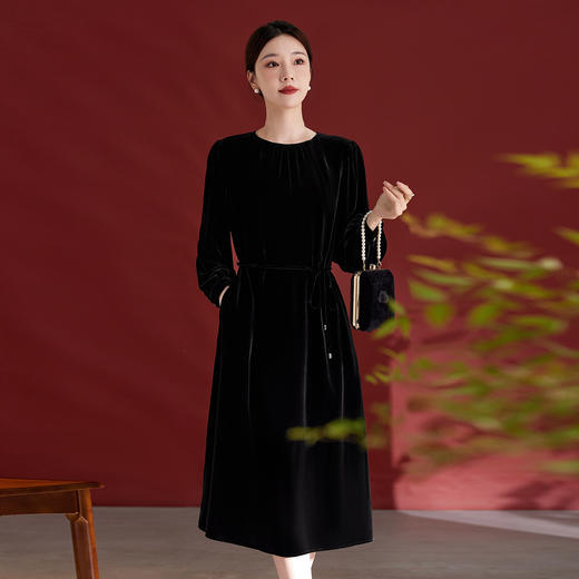 QS复古真丝绒连衣裙女秋冬高贵气质优雅洋气阔太太桑蚕丝长袖款1217 商品图0