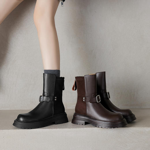 阿么手工女鞋2025新款西部牛仔靴女棕色复古厚底时尚中筒靴4.5CM 商品图1