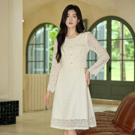 奢姿大码女装2025秋装新款胖妹妹假两件优雅镂空蕾丝长袖连衣裙9953853632 商品图0