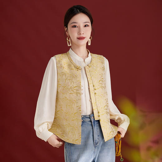 QS新中式个性提花盘扣桑蚕丝马甲女装显瘦遮肉2025秋季新款气质1321 商品图0