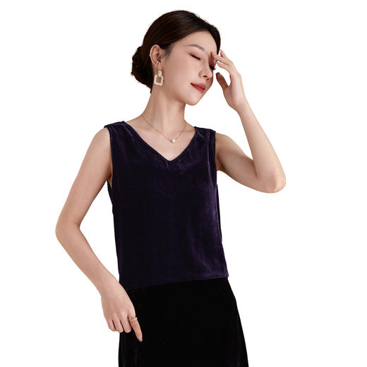 QS黑色丝绒吊带背心女内搭露肩100%桑蚕丝纯色无袖舒适透气百搭1793 商品图4