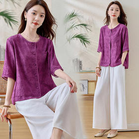 XS93608G风套装女妈妈装新款2025夏季刺绣高级感复古天丝棉麻短袖两件套