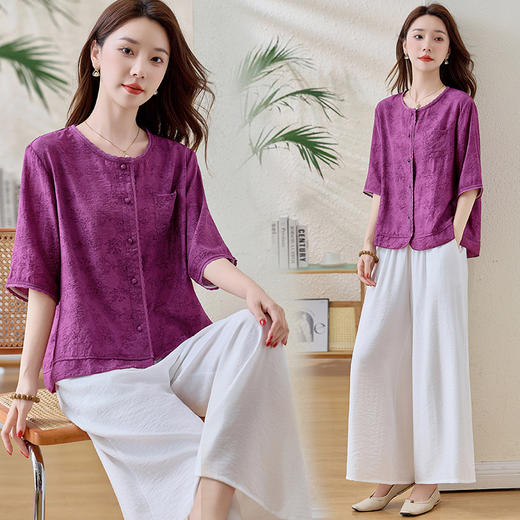 XS93608G风套装女妈妈装新款2025夏季刺绣高级感复古天丝棉麻短袖两件套 商品图0