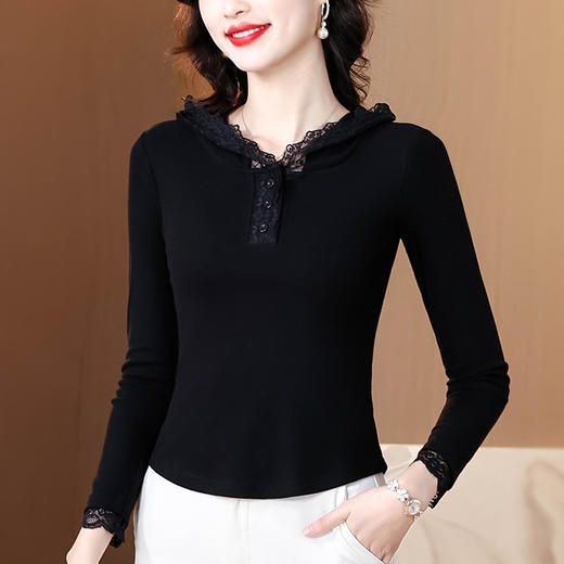 KQL 355H8166蕾丝拼接连帽长袖T恤洋气修身显瘦上衣 商品图1
