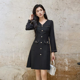 奢姿大码女装2025秋季假口袋设计V领连衣裙胖妹妹小香风时尚裙子9953894224