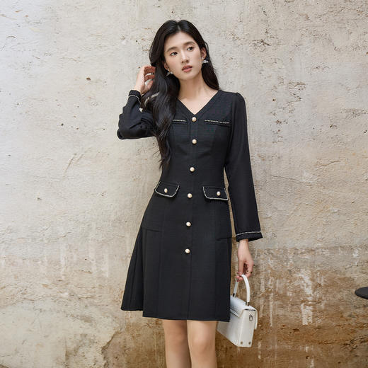 奢姿大码女装2025秋季假口袋设计V领连衣裙胖妹妹小香风时尚裙子9953894224 商品图0