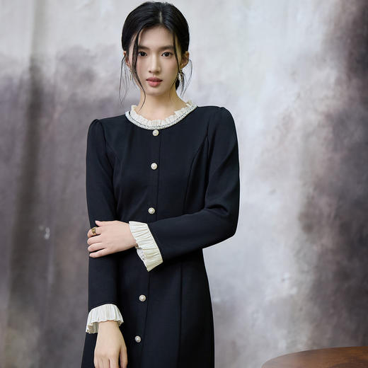 奢姿大码女装2025秋季时尚花边装饰圆领连衣裙胖妹妹气质优雅裙子9953890647 商品图2