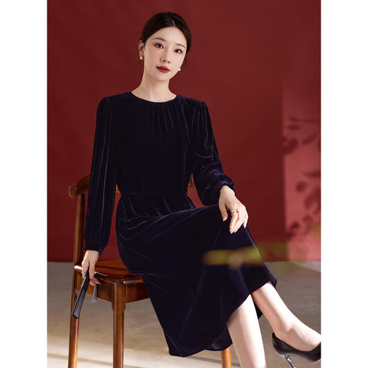 QS复古真丝绒连衣裙女秋冬高贵气质优雅洋气阔太太桑蚕丝长袖款1217 商品图3