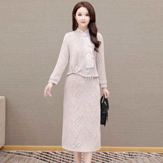 QYM 24DY992-Y新中式国风套装复古长袖小衫包臀开衩半身裙套装裙 商品图0