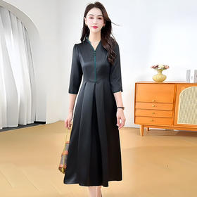 QYM 25S02-Y妈妈装七分袖连衣裙百褶裙中长款A字裙