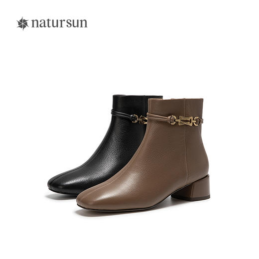natursun复古时装靴女款短筒瘦瘦靴粗跟气质百搭靴子N25529206 商品图4