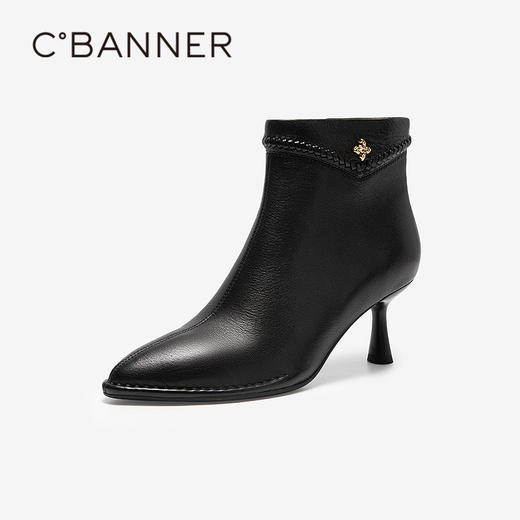 【静音系列】千百度细高跟羊皮靴女尖头时装靴短靴子A25581420 商品图1