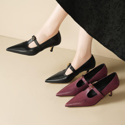 【预售5天】里外全皮！法式丁字带中口细跟单鞋女秋新款尖头显瘦小高跟鞋HY&M1211-1 商品图4