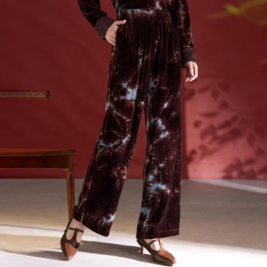 QS丝绒阔腿裤女秋季2025新款扎染显瘦桑蚕丝直筒裤高腰设计感1809 商品图1
