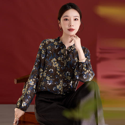 QS真丝桑蚕丝拼接双绉圆领轻奢上衣女100%桑蚕丝宽松秋季新款1765 商品图2