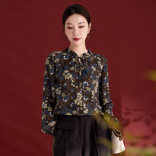 QS真丝桑蚕丝拼接双绉圆领轻奢上衣女100%桑蚕丝宽松秋季新款1765 商品图0