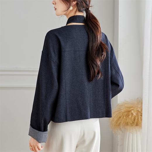 馥迦法式复古圆领格子袖牛仔短外套 商品图3