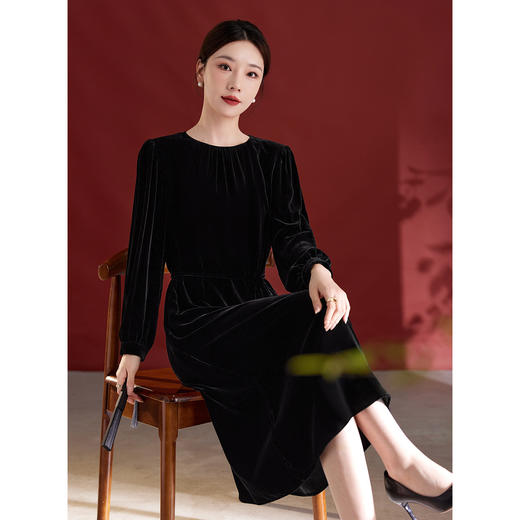 QS复古真丝绒连衣裙女秋冬高贵气质优雅洋气阔太太桑蚕丝长袖款1217 商品图1