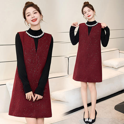 HR MEIQIN5505名媛小香风马甲连衣裙套装毛呢背带裙两件套 商品图0