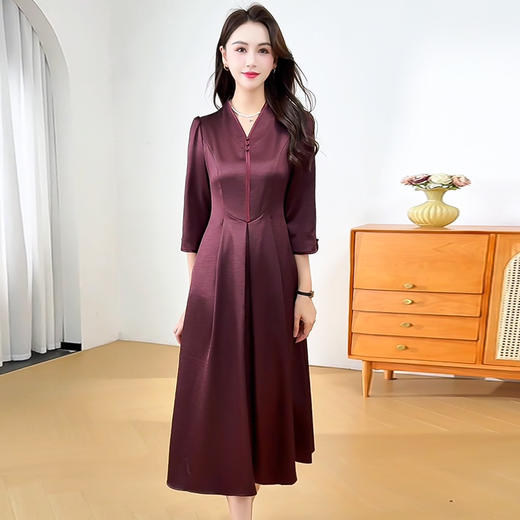 QYM 25S02-Y妈妈装七分袖连衣裙百褶裙中长款A字裙 商品图1