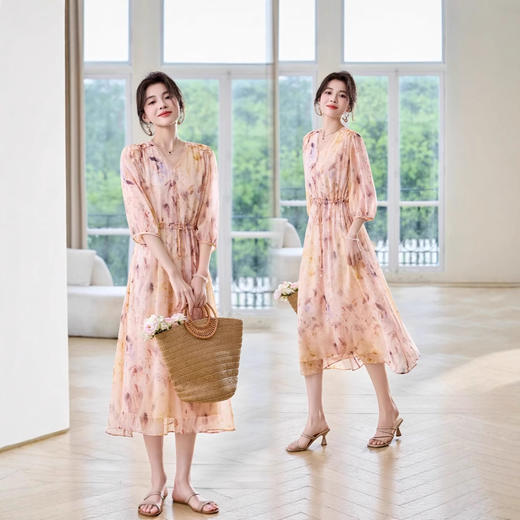 ASE优雅新款桑蚕丝连衣裙粉色法式 商品图1