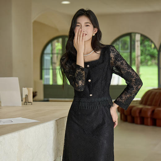 奢姿大码女装2025秋季名媛气质假两件流苏裙子胖妹妹蕾丝连衣裙9953853575 商品图1