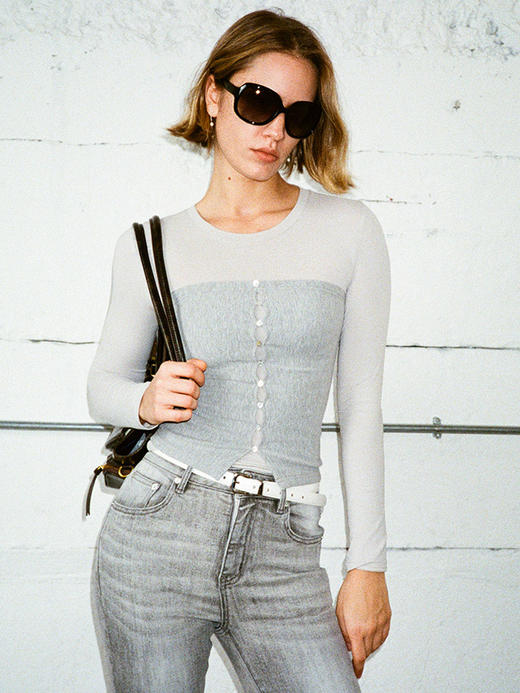 TR她热 灰域 灰色撞色拼接假两件设计感修身弹力抹胸打底衫 商品图4