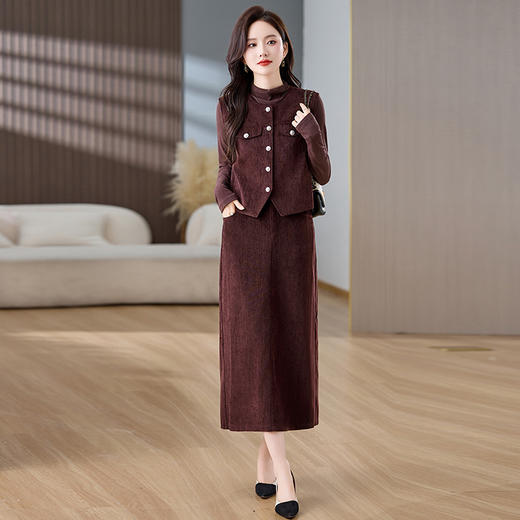 HR MEIQINA635优雅风时尚套装裙洋气马甲打底衫半身裙三件套 商品图5